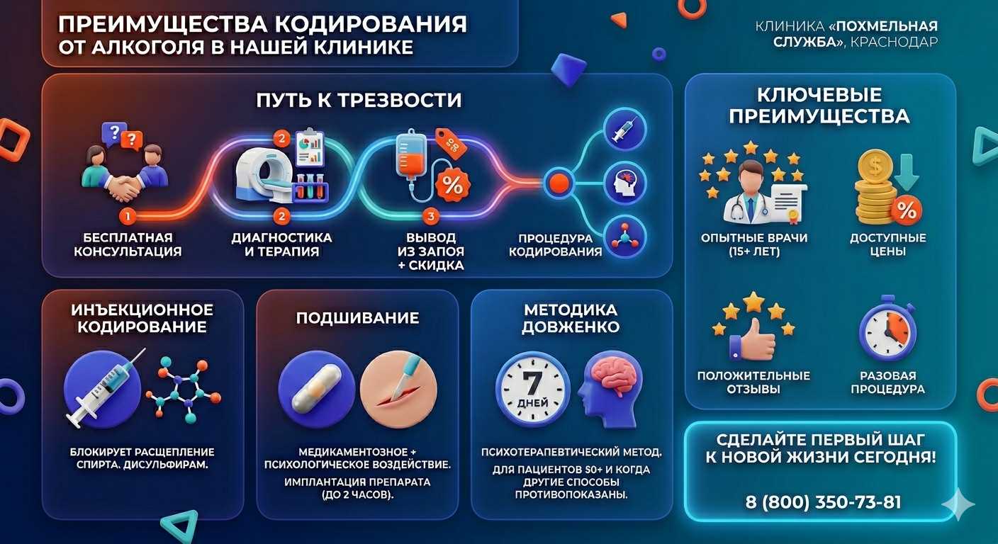 Инфографика о методах кодирования от алкоголя в Волчихе: инъекции, подшивание, метод Довженко. Преимущества клиники и этапы лечения.